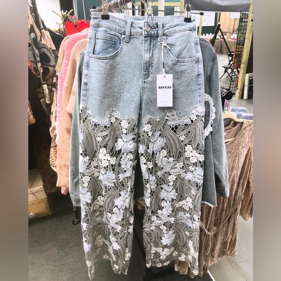 Bayeas Denim - Light Blue Lace Rhinestone High Rise Wide Leg Jeans